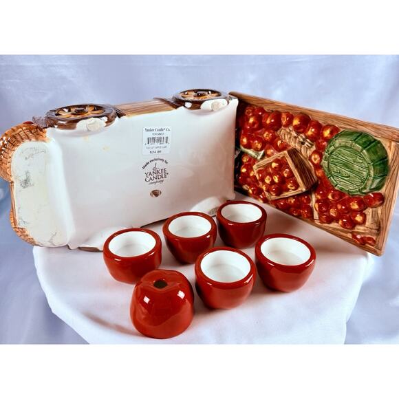 Yankee Candle Ceramic Apple Wagon Cart Box & Lid 6 Tealights Red Cups Retired - Picture 9 of 14